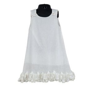 Empress Arts Linen White Sleeveless Pom Pom Ruffle Hem Dress